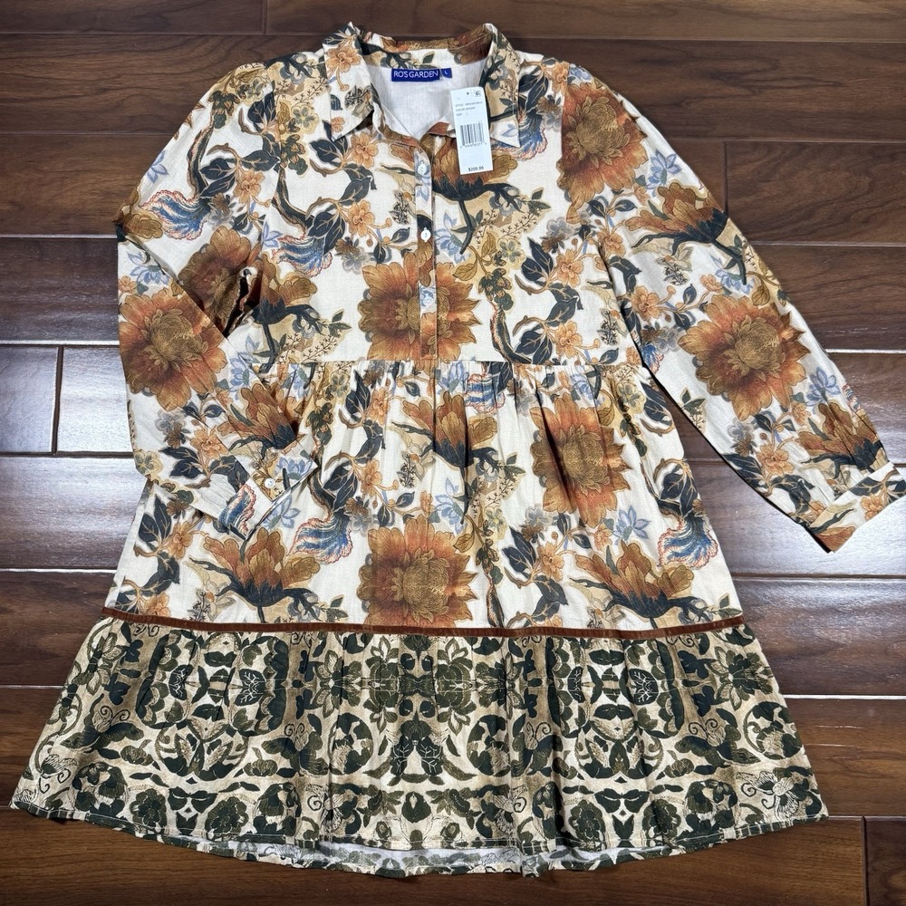 Ro's Garden Women's Size Large Floral Romy Tiered Dress Long Sleeve Button